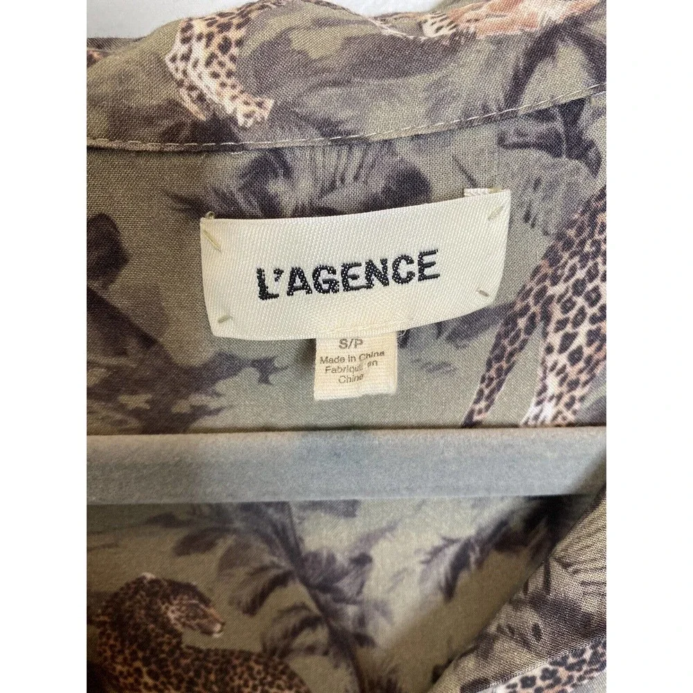 L'AGENCE Womens Top Size Small Olive Animal Print Viscose Blouse Button Up - Picture 5 of 9